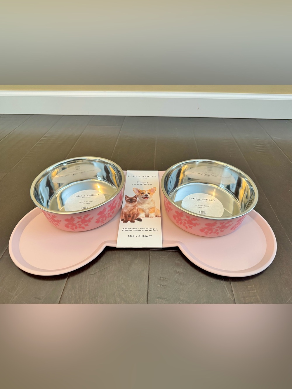 Laura Ashley Pink Floral Double Pet Feeding Set